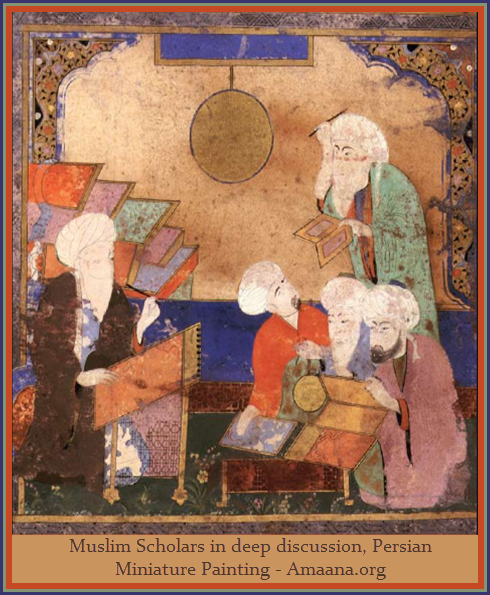 Muslim Scholars in deep discussion, Persian Miniature Painting - Amaana.org