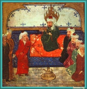 Prophet Muhammad on his prayer rug Persian Amaana.org