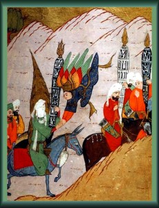Prophet Muhammad bearing an Alam Standard being advised by Angel Gabriel
