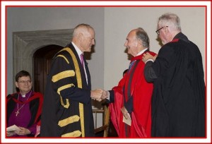 Chancellor Graham confers the honorary degree upon His Highness the Aga Khan as Professor Andy Orchard, former Provost of Trinity College, performs the hooding